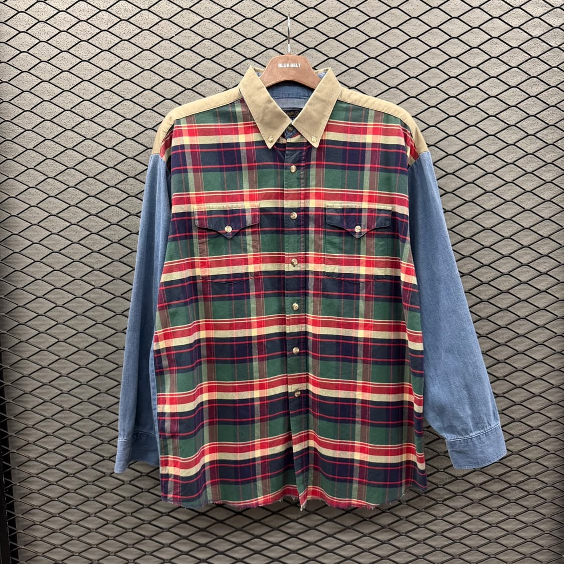 USA VINTAGE 체크 데님셔츠 홀리데이 컬러 패턴 언발란스 디테일 상품이미지2