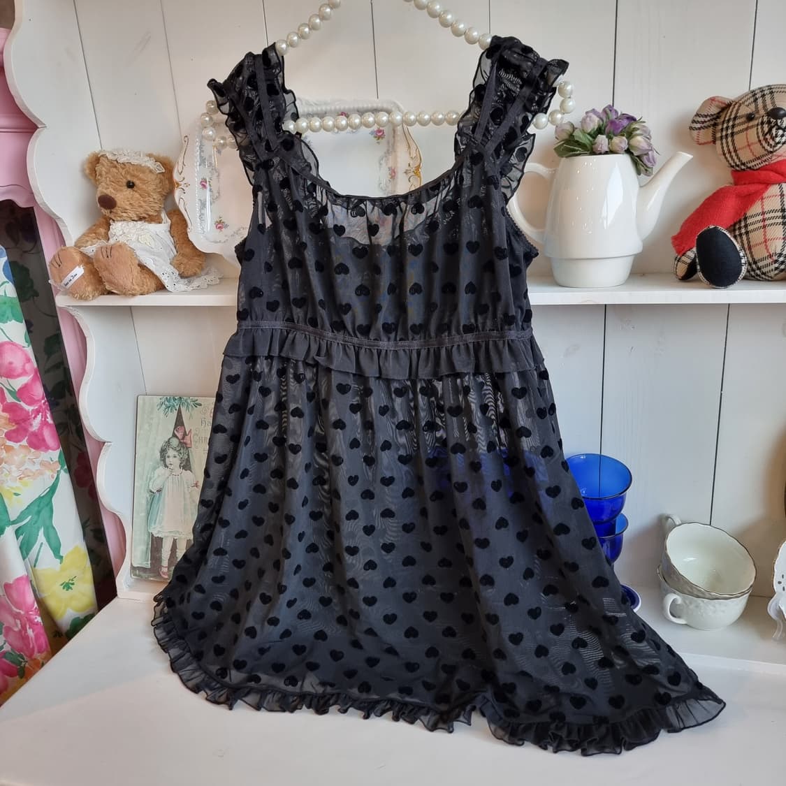 하트 벨벳 도트 시스루 원피스 (블랙) 상품이미지4