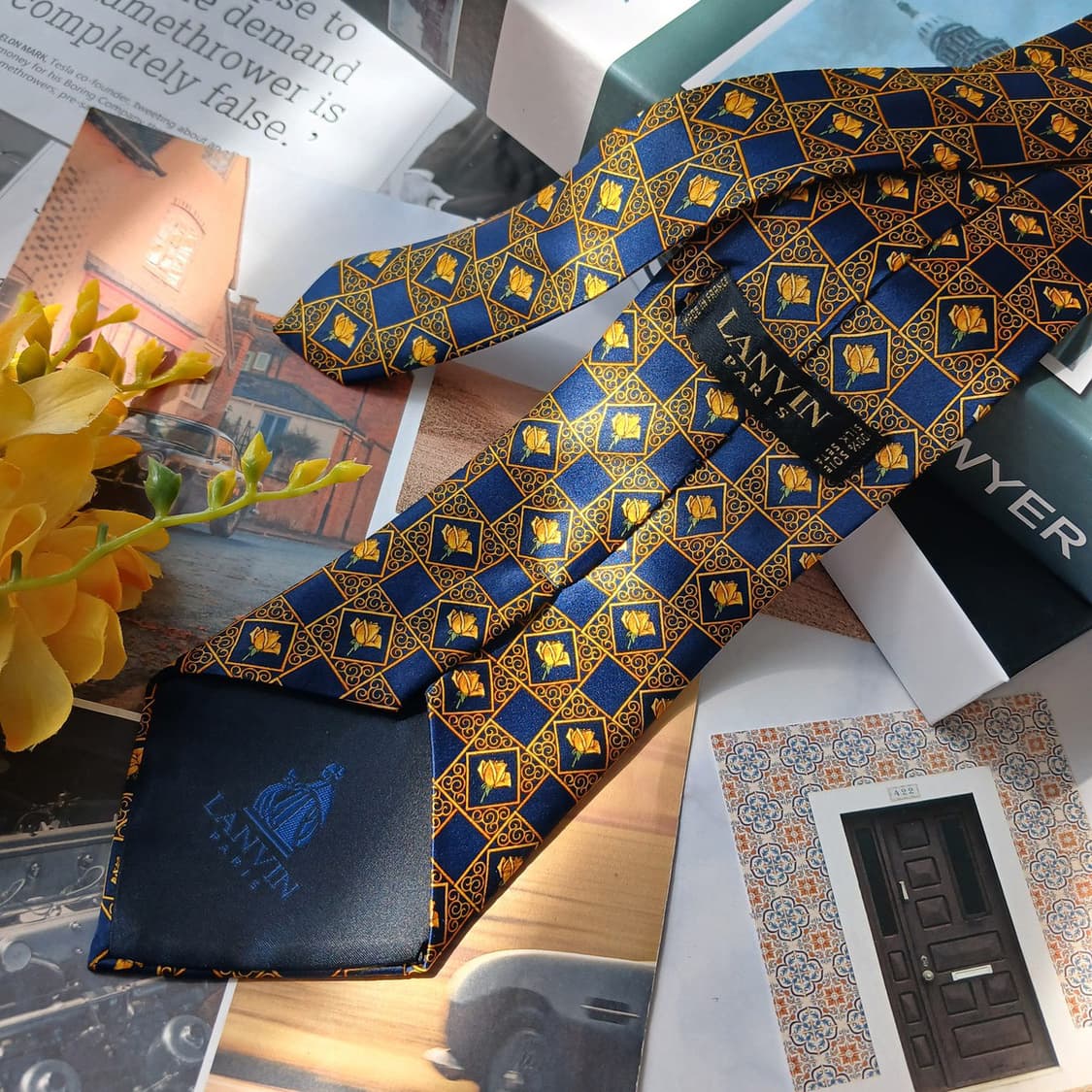 랑방 실크 네이비 플라워 패턴 넥타이 9.5cm S등급 E840 상품이미지5