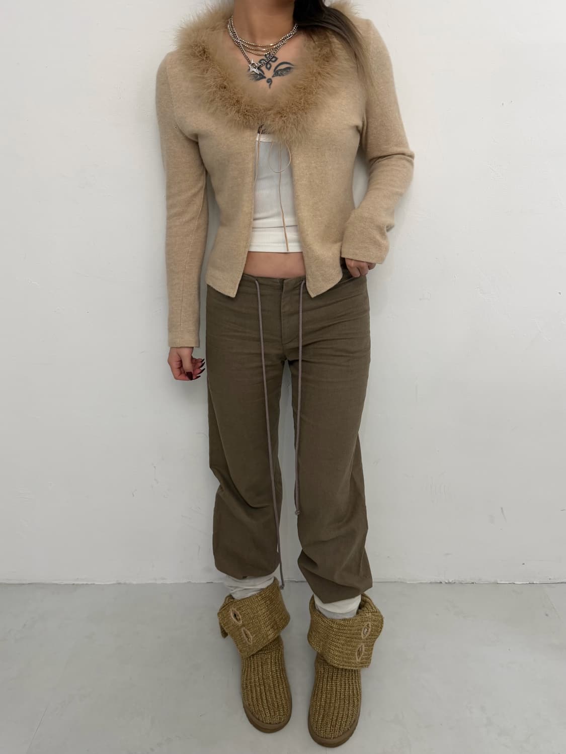 베이지 앙고라 퍼 카라 볼레로 상품이미지3