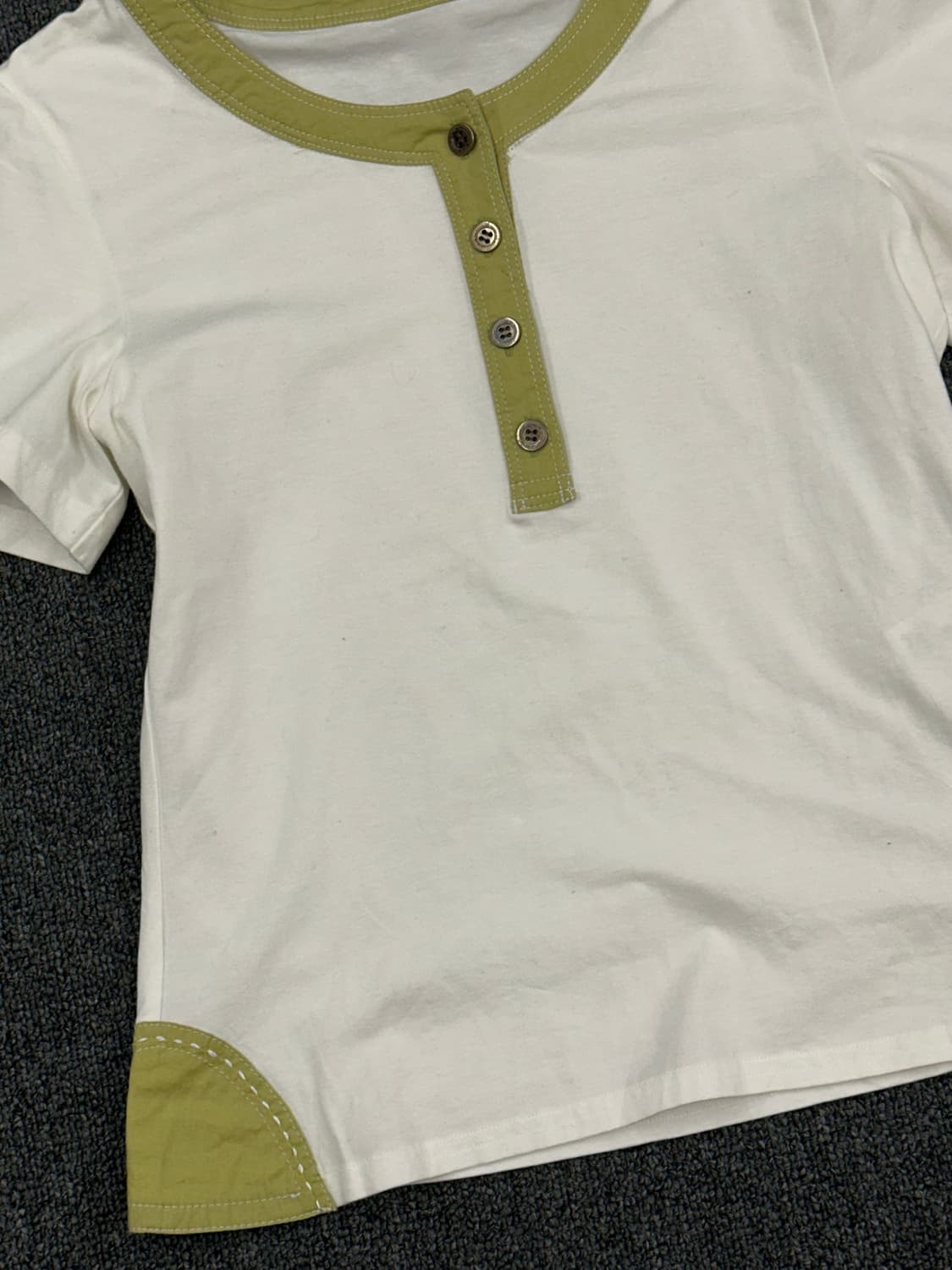 38)Japanese vintage 여성 그린 배색 포인트 화이트 헨리넥 상품이미지3