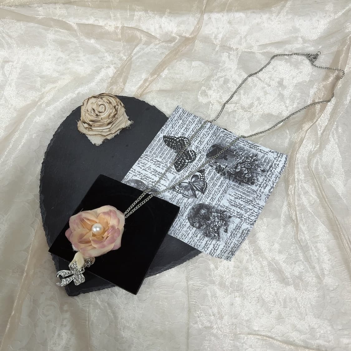 빈티지 망사 플라워 진주 리본 새 쿠바체인 목걸이 상품이미지2