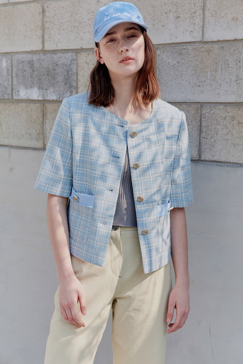 여성 S) 온앤온 신형 21ss 반팔 트위드 크롭 자켓 스카이블루 66 상품이미지1