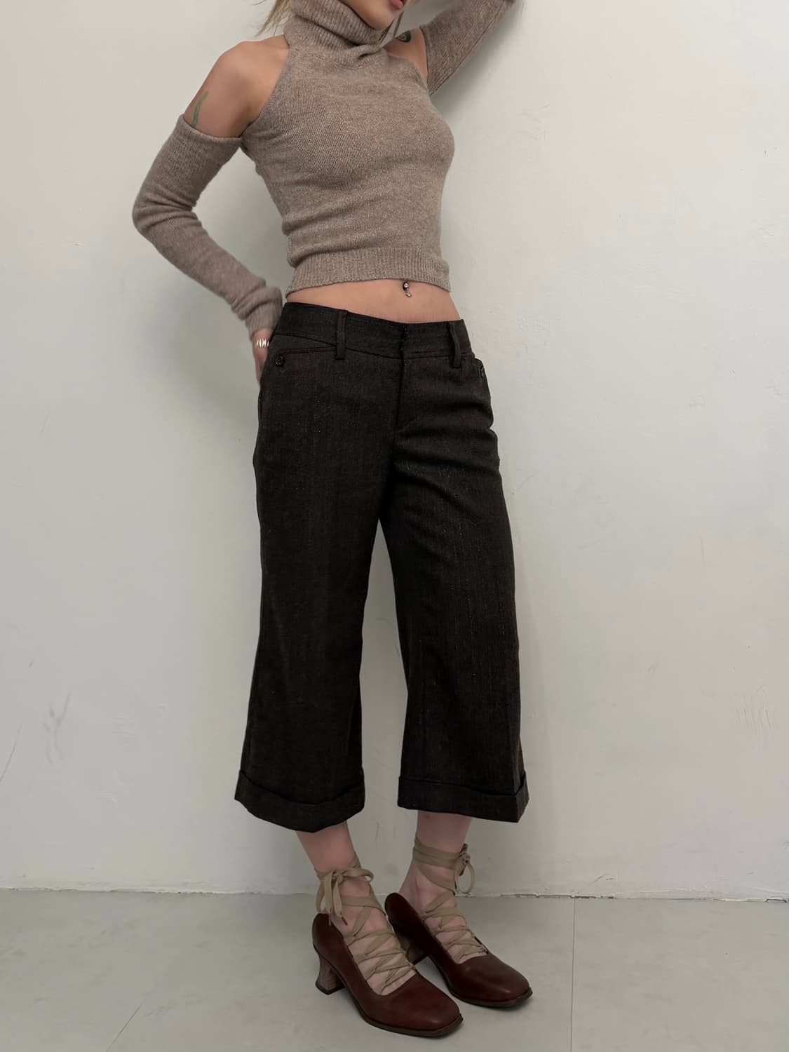 브라운 롤업 7부 바지 상품이미지2