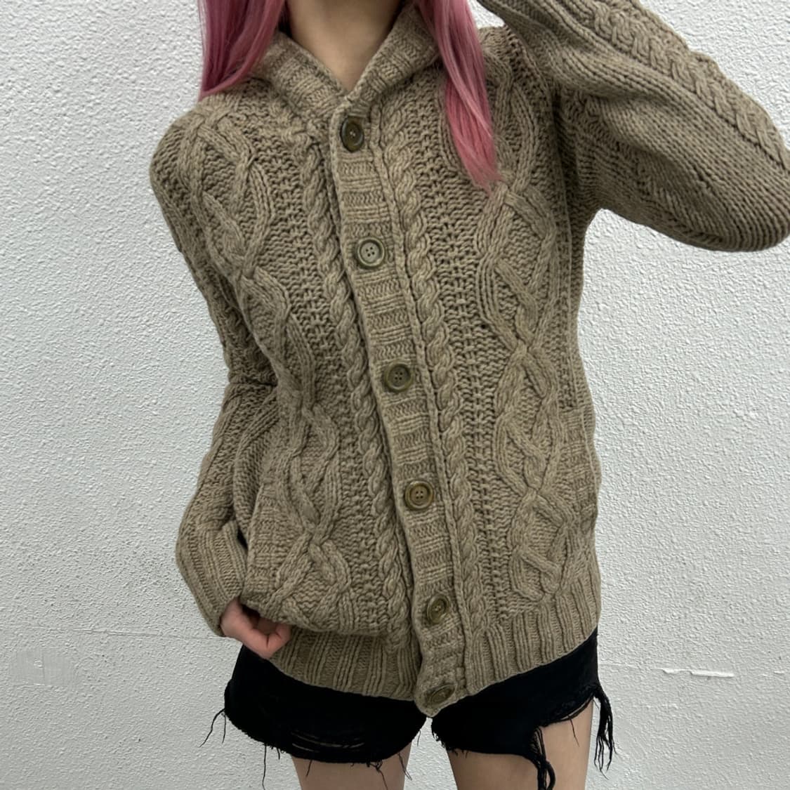 후아유 뮤트베이지 꽈배기 후드 가디건 S 상품이미지1