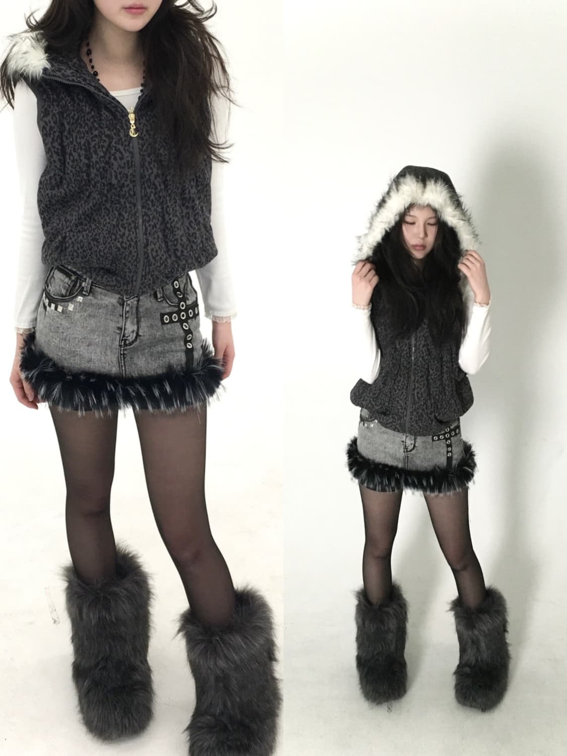 grey leopard fur hood padding vest 상품이미지3