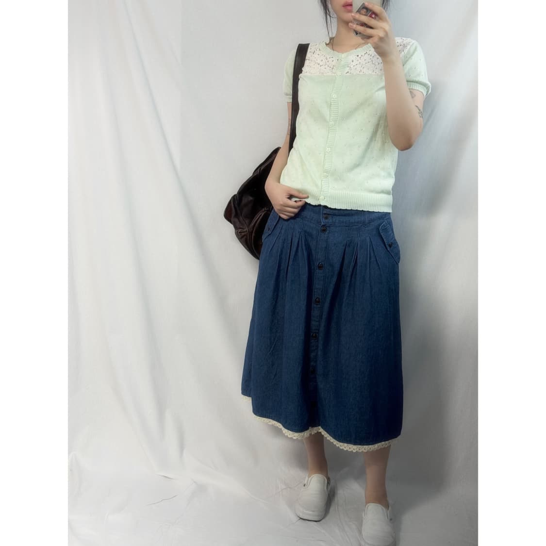 애플 민트 레이스 펀칭 가디건 데님 스커트 2pcs SET 상품이미지1