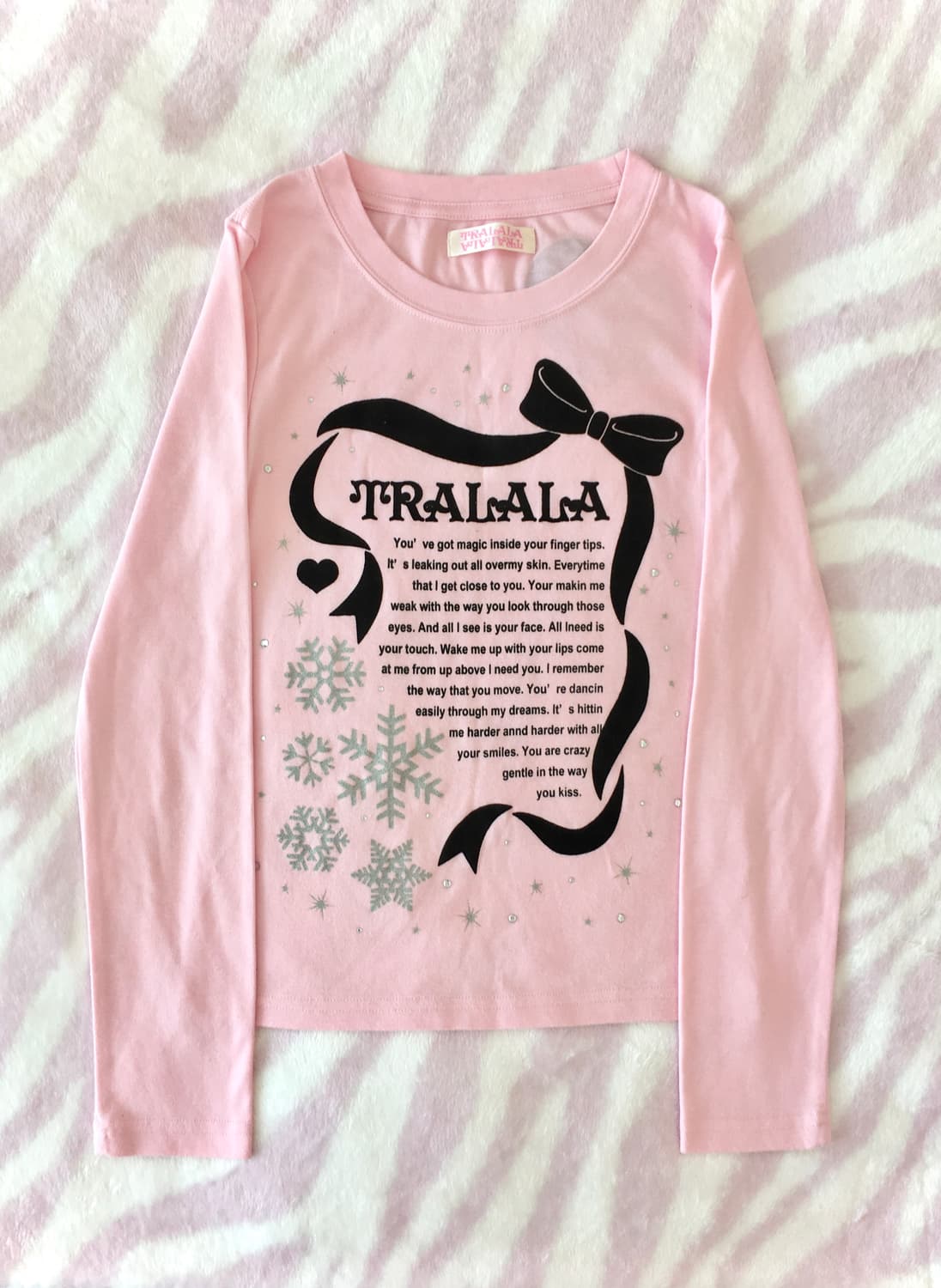 트랄라라 핑크 눈꽃 롱슬리브 티셔츠 레터링 리본 히메갸루 상품이미지2