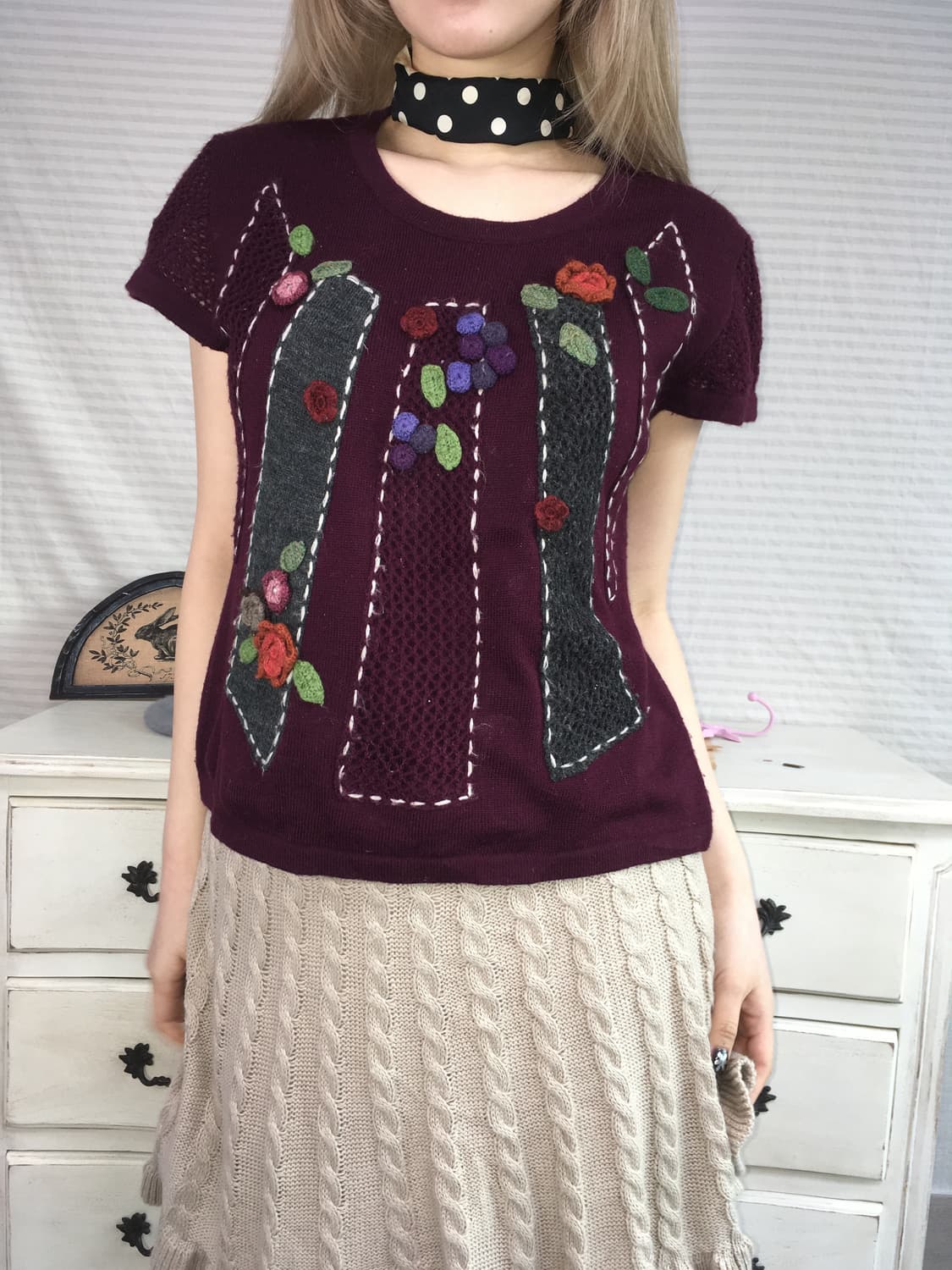 일본빈티지 딥퍼플 자수 크로세 니트 상품이미지2