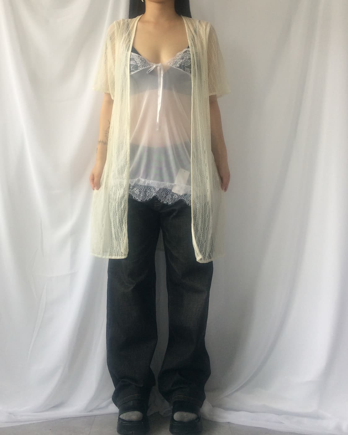 Pattern lace point open long cardigan 상품이미지6