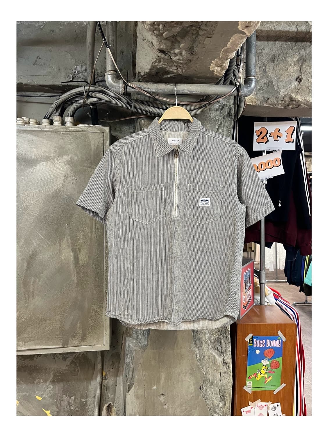 에스피오나지 스트라이프 반집업 반팔 셔츠 블랙 #csz3672 상품이미지1