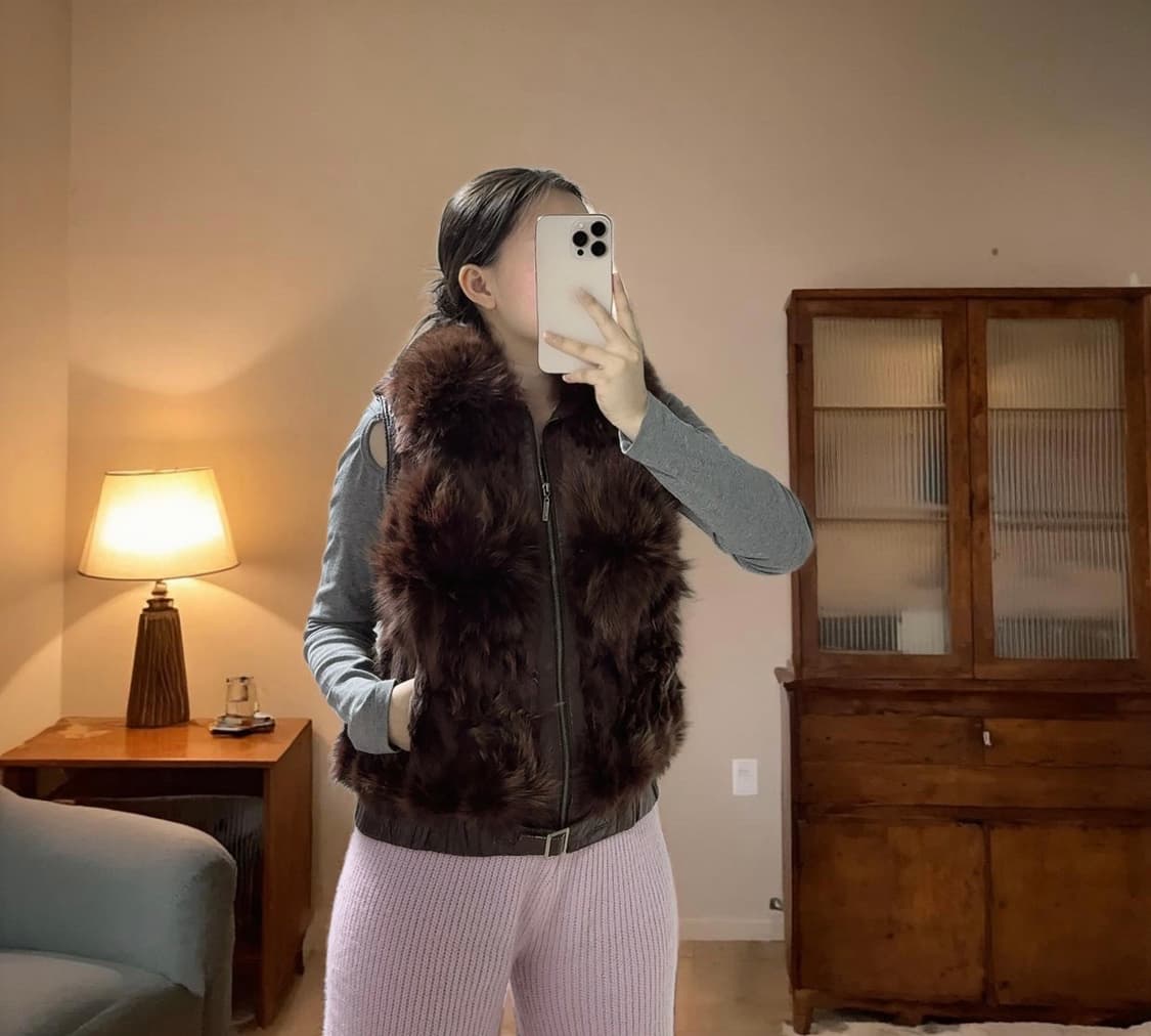 빈티지 와인 브라운 폭스퍼 여우털 양가죽 조끼 베스트 상품이미지5