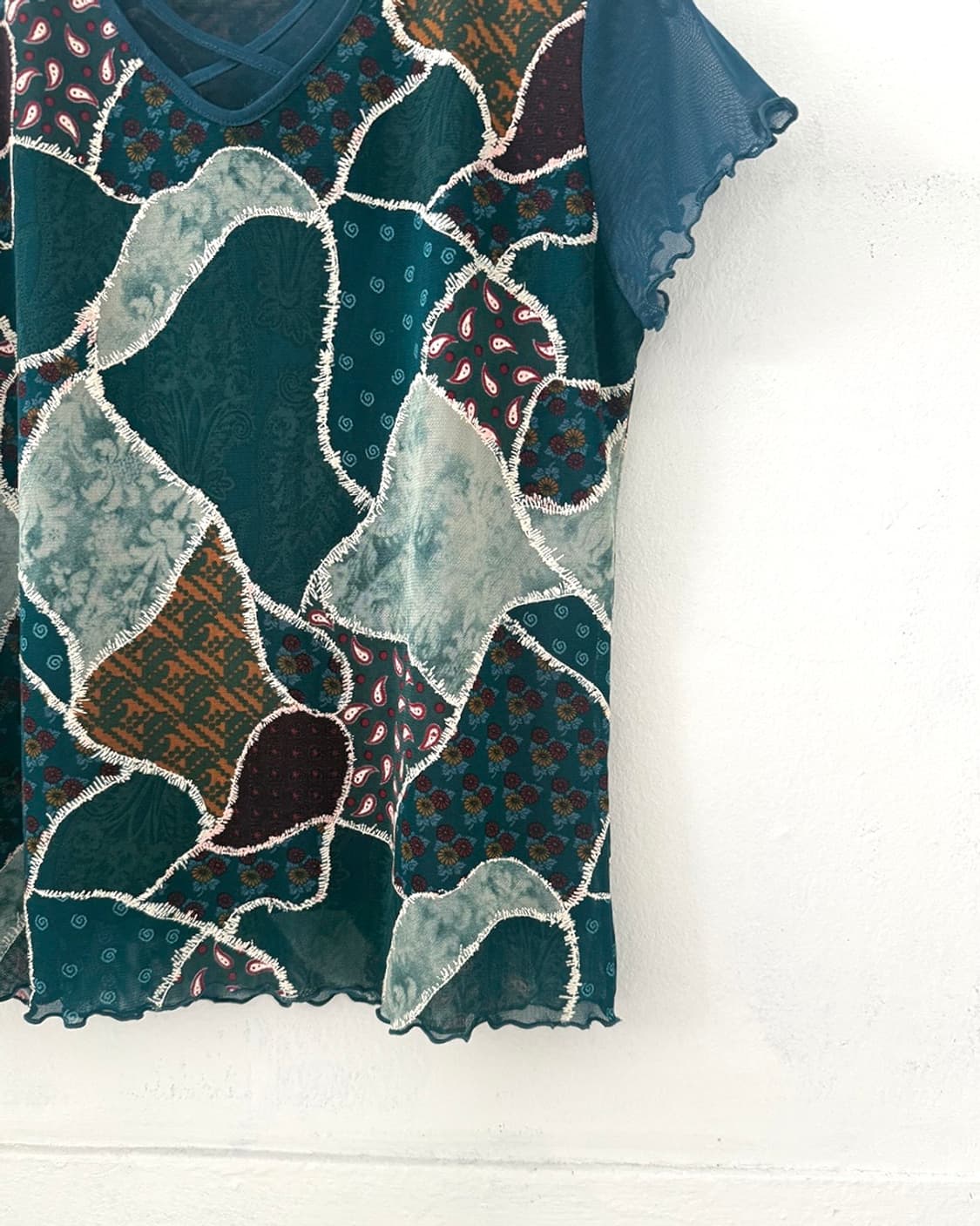 Teal Blue Designed Mesh Short Sleeve Top 상품이미지7