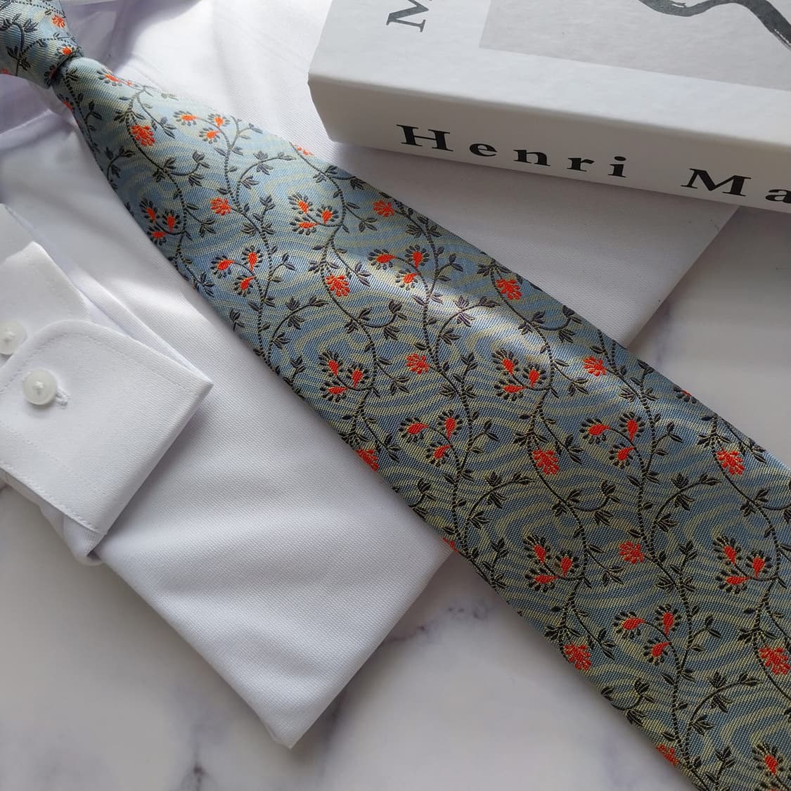 아쿠아스큐텀 실크 블루 플로럴 패턴 넥타이 9.7cm A등급 K2166 상품이미지4