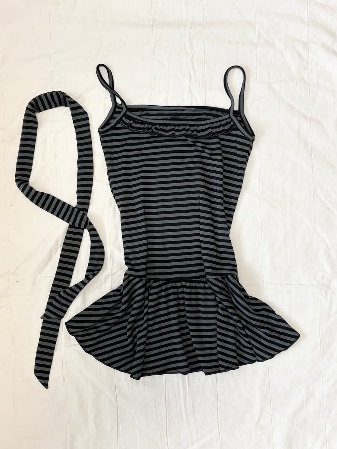 스트라이프 프릴 레이어드 나시 슬리브리스 머플러 세트 모리걸 갸루 상품이미지1