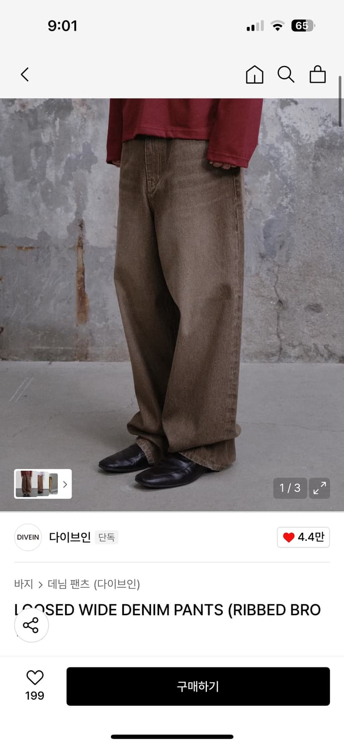 다이브인 루즈드 데님팬츠 1 (브라운) 상품이미지1
