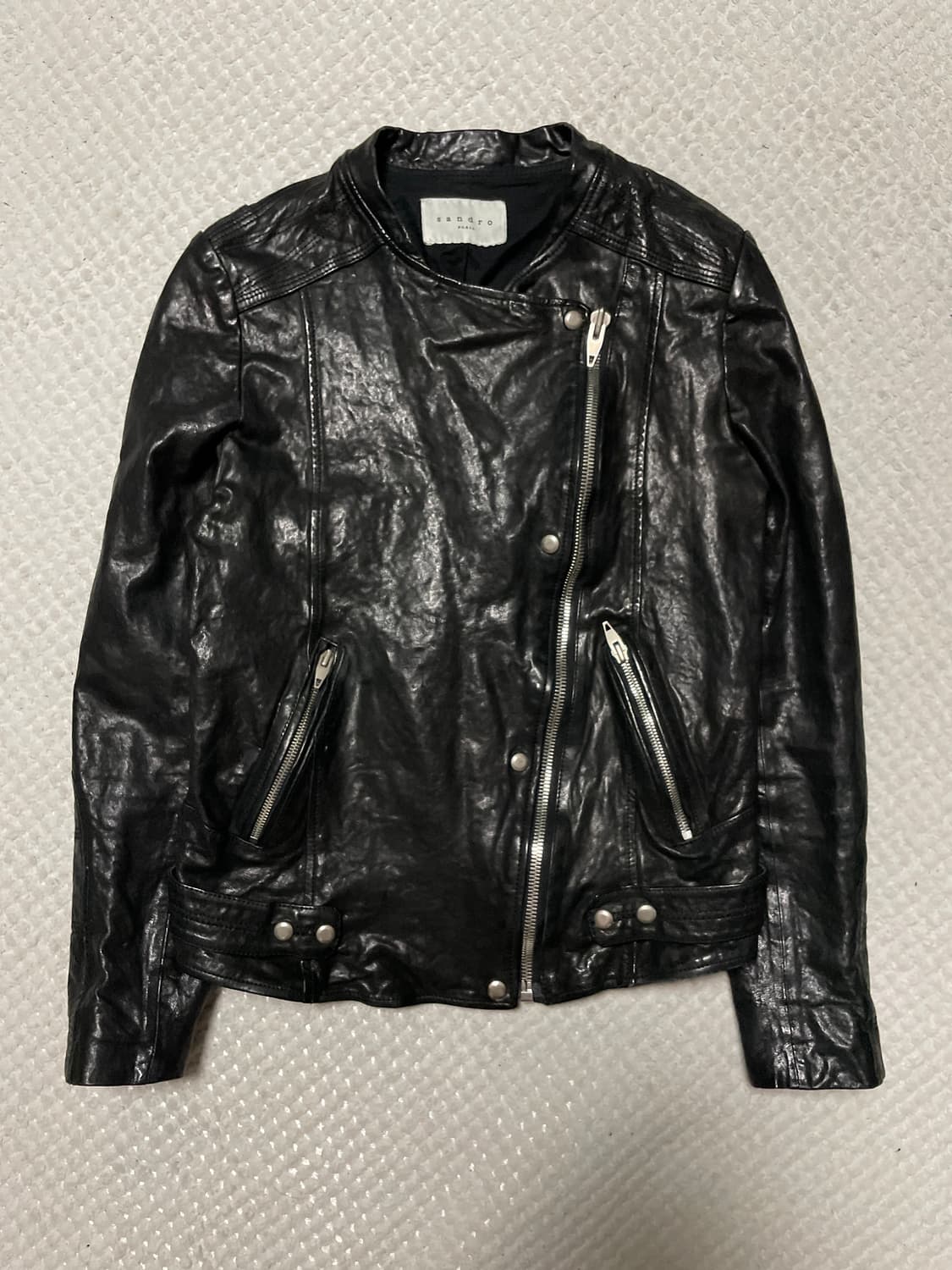 SANDRO Y2K 웨스턴 무드 램스킨 양가죽 바이커 절개 레더 자켓 상품이미지1