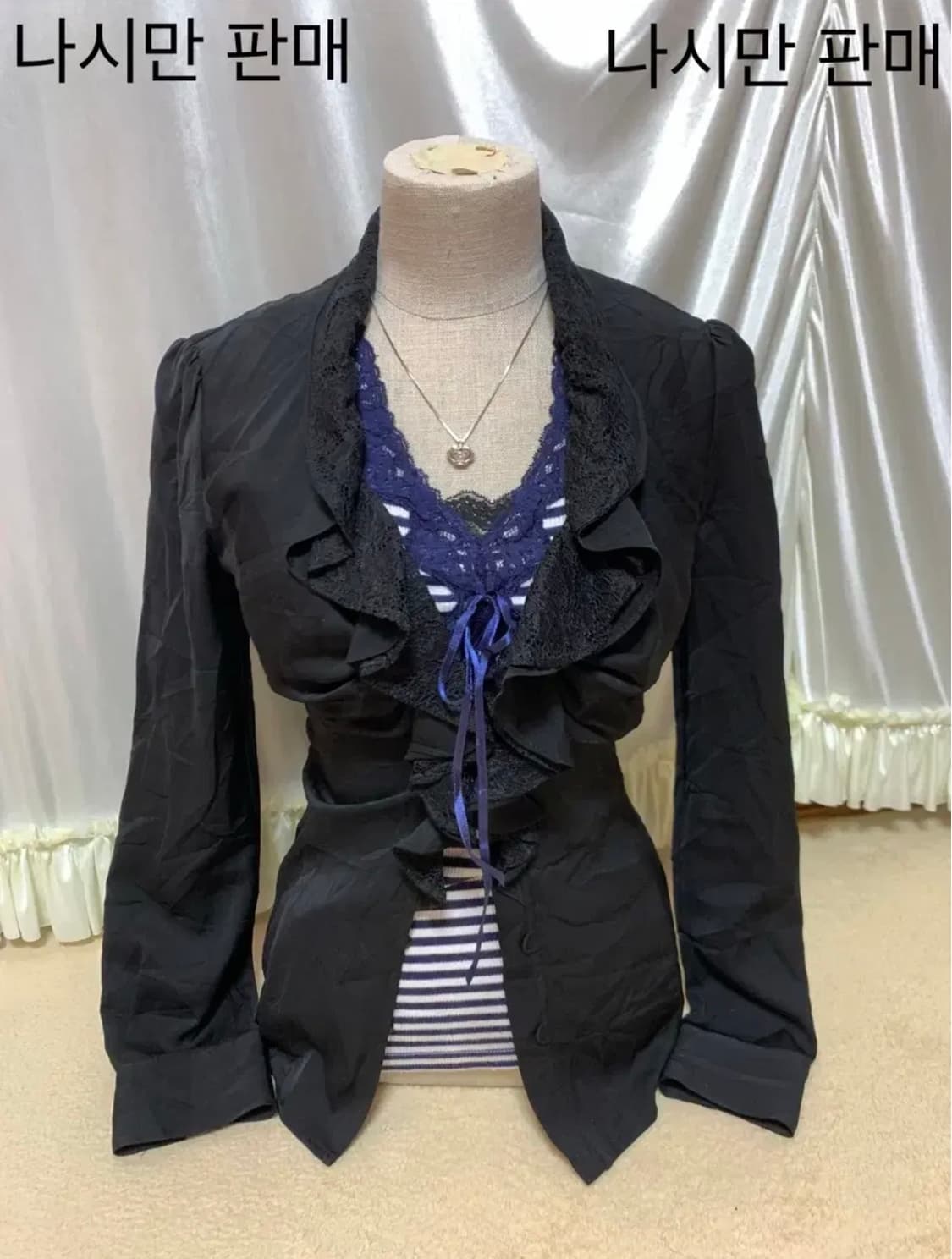 스트라이프 레이스 리본 슬리브리스 탑 빈티지 펑크 갸루 상품이미지3