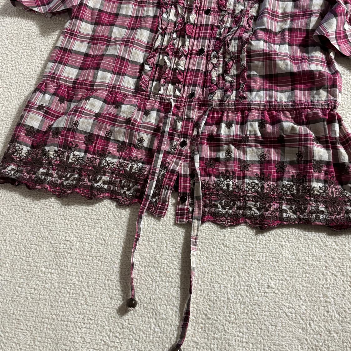 일본빈티지 ANYSIS 핑크 브라운 체크 포인트 셔츠 탑 상품이미지4