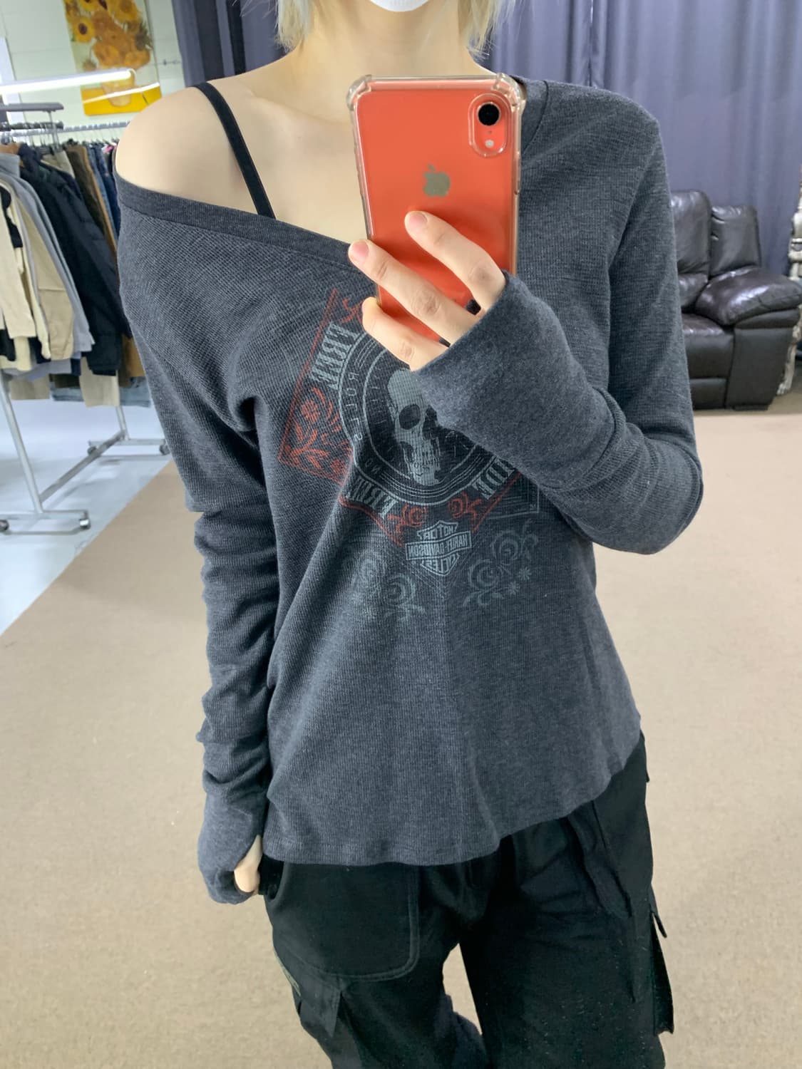 할리데이비슨 브이넥 스컬 프린팅 빈티지 롱슬리브 핸드워머 긴팔 티셔츠 상품이미지1