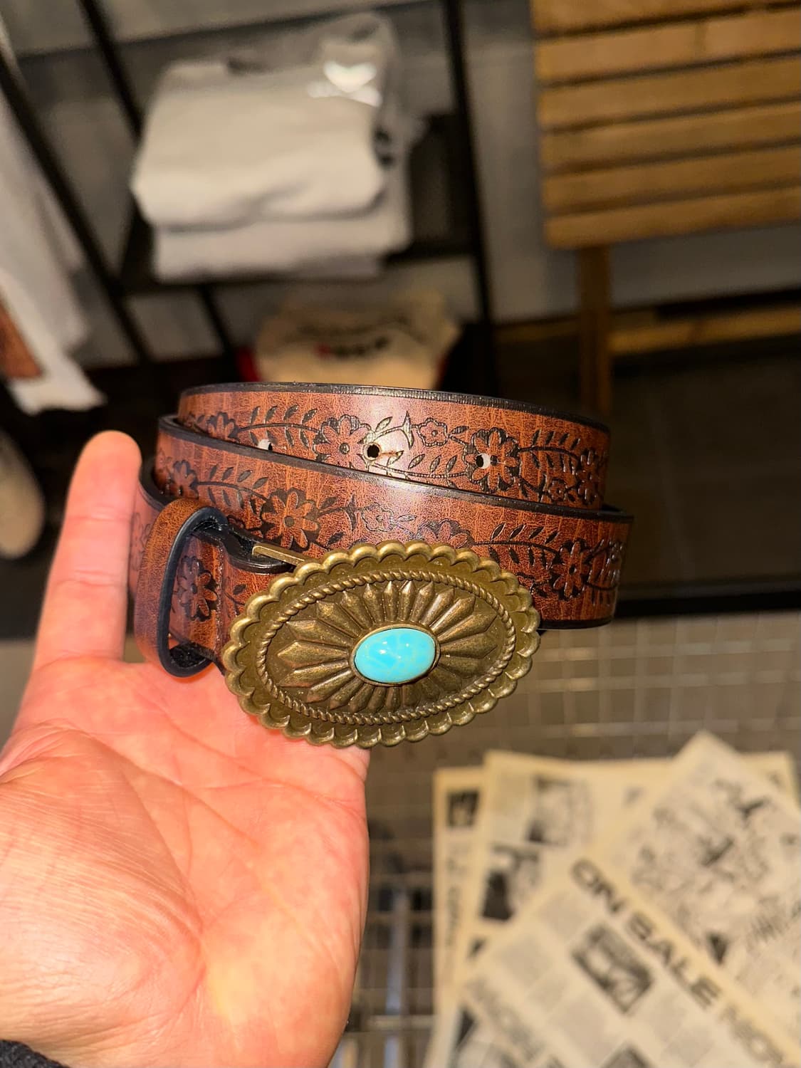 Turquoise buckle Leather western belt 상품이미지3