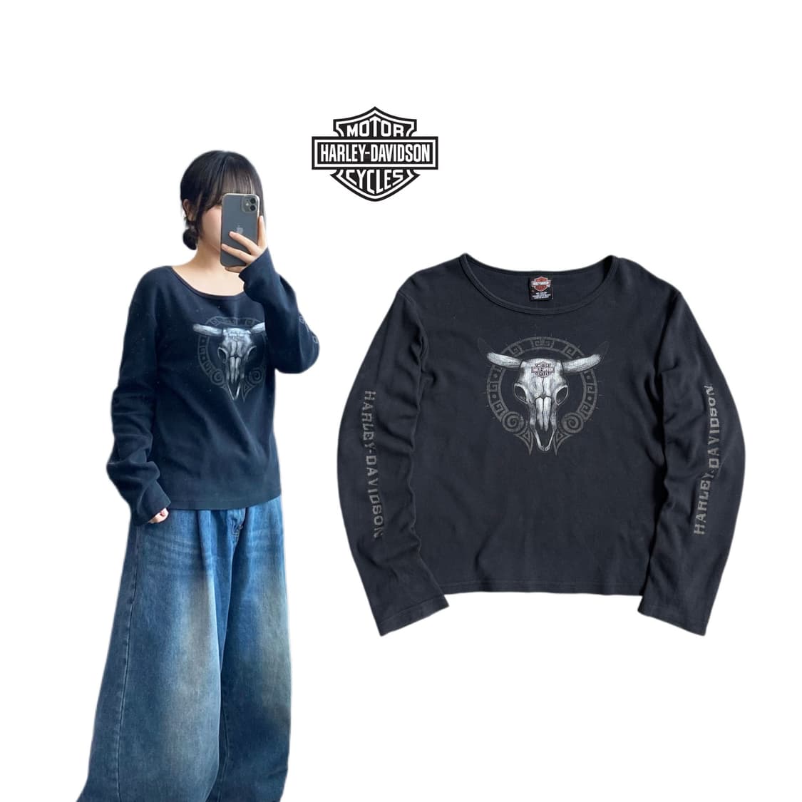 할리데이비슨 00s 롱혼 스컬 롱슬리브 블랙 상품이미지1