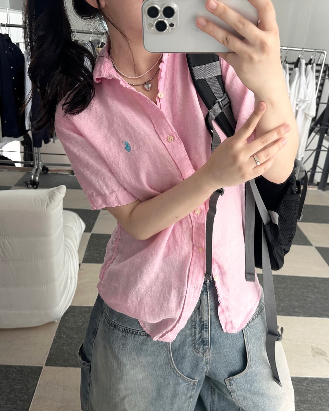 폴로 랄프로렌 핑크 린넨 반팔 셔츠  상품이미지1