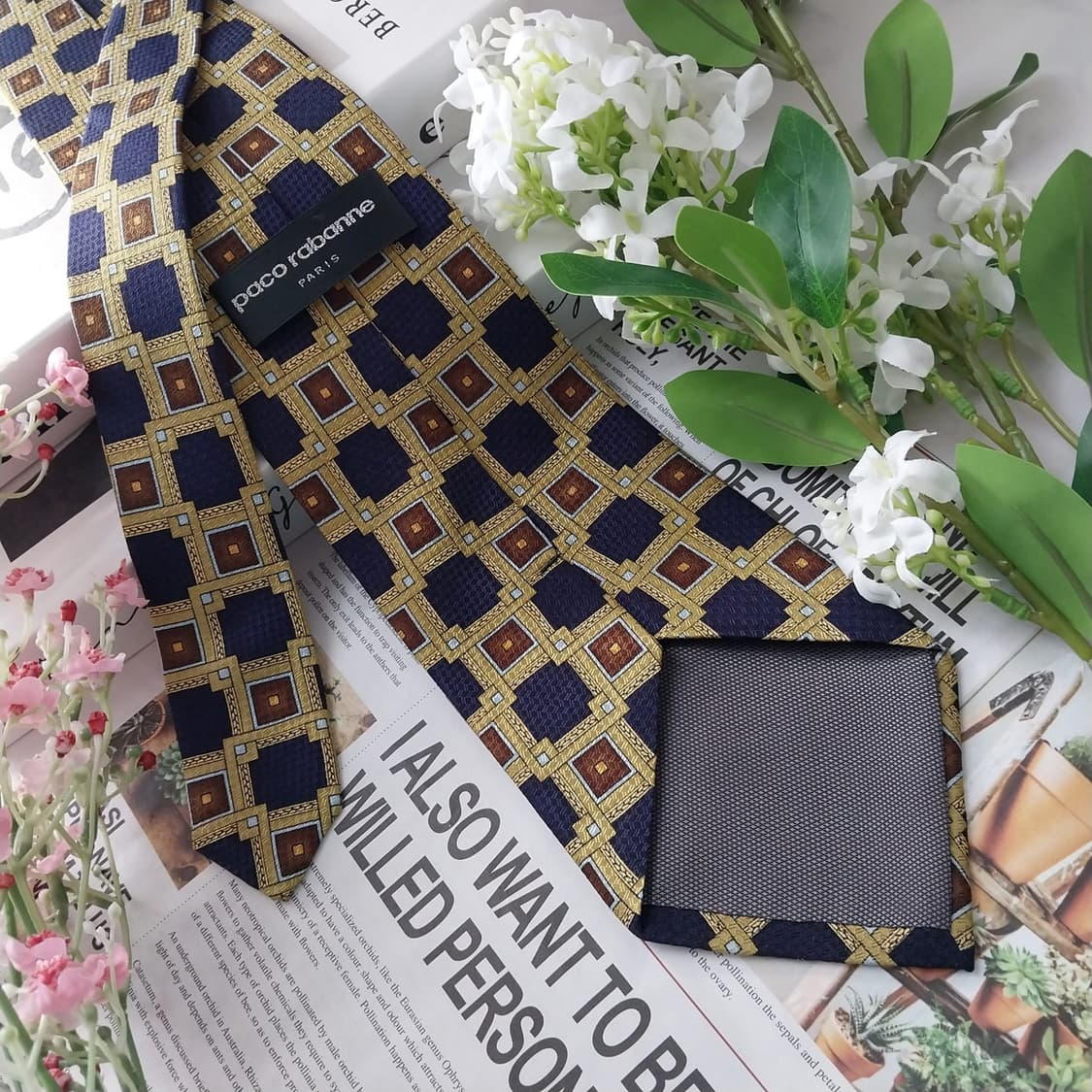 파코라반 실크 네이비&라임 기하패턴 넥타이 9.5cm A+등급 K1509 상품이미지5