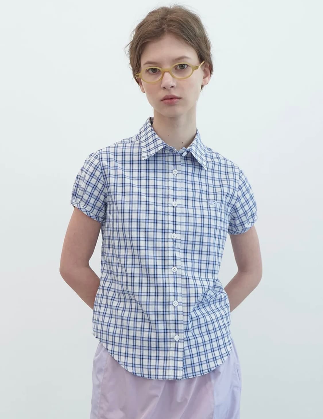 엔조블루스 체크 하프 슬리브 셔츠 Sky 블루 퍼프 소매 블라우스 상품이미지1