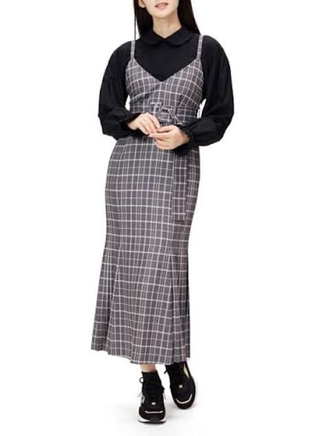 스나이델 플리츠 내로우 롱 원피스  체크 상품이미지1