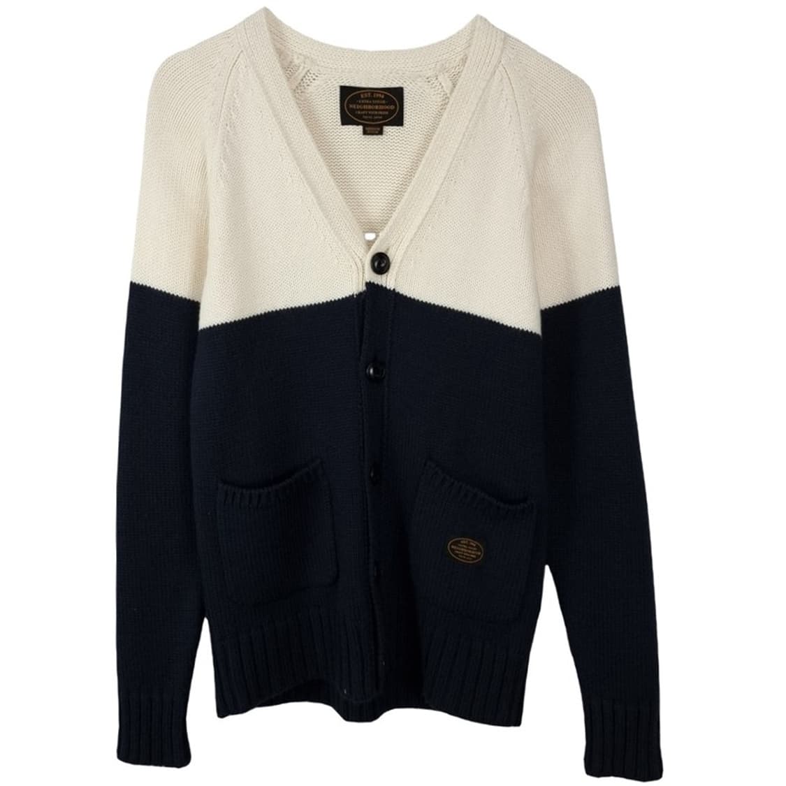 [네이버후드] 컬러 블럭 배색 네이비 브이넥 니트 가디건 P01416 상품이미지2