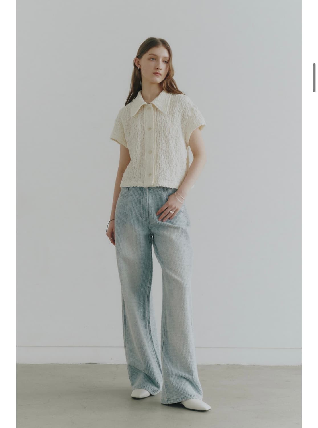 노이어 포 우먼 데미지 스트라이프 와이드 데님 팬츠 (라이트블루) 상품이미지2