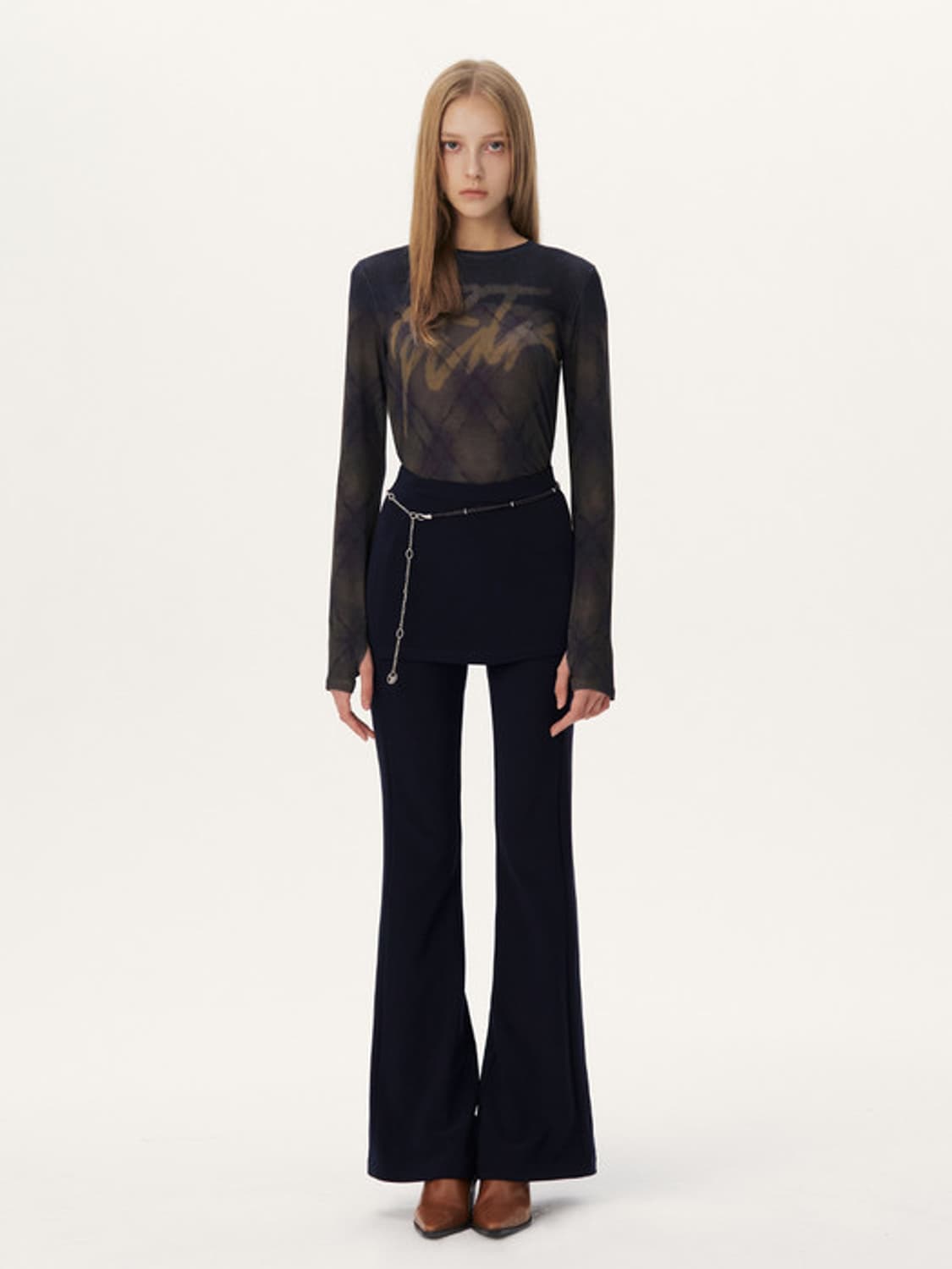 YUSE 슬림 밴딩 부츠컷 스커트팬츠 네이비 S 상품이미지1