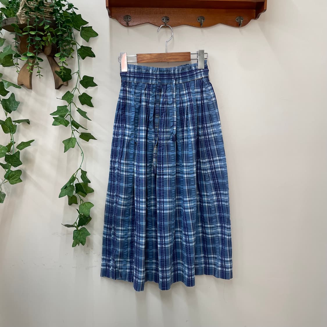 사와코 무드 하구미 소프트 블루 체크 코튼 롱 스커트 🏠 상품이미지1