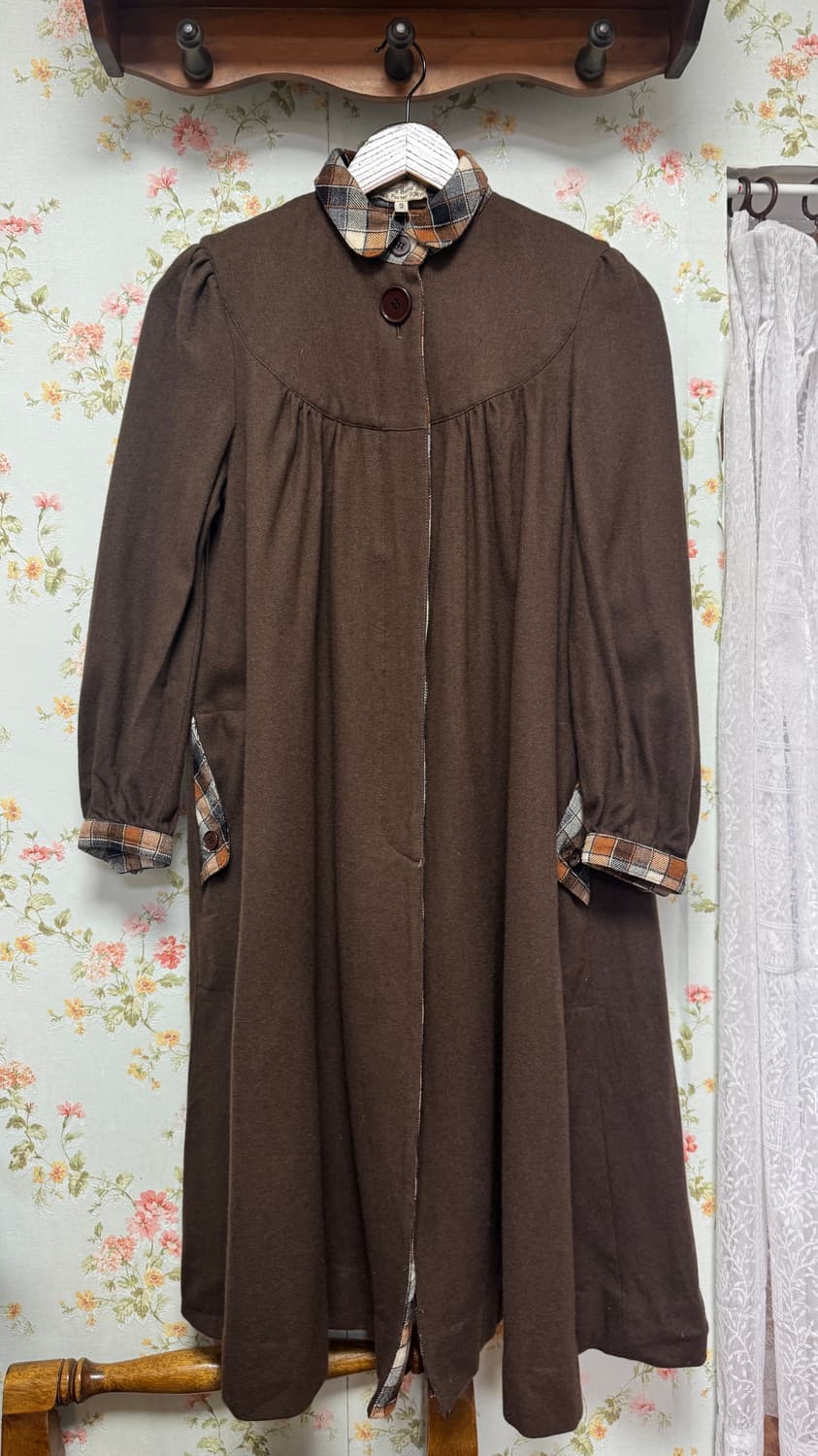 브라운 체크 카라 롱 원피스 상품이미지1