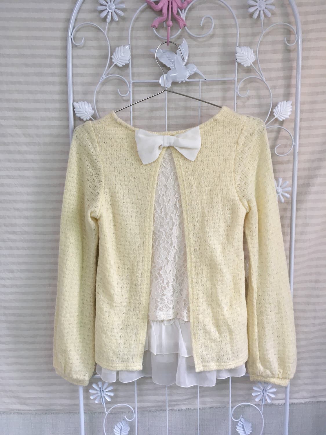 jpn vintage 로걀 페일 옐로우 프릴 레이스 바선생 리본 니트 상품이미지1