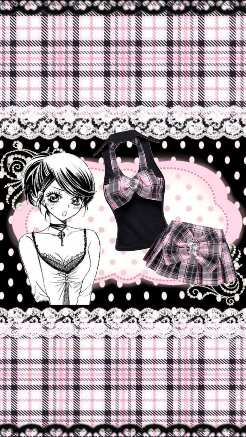 쉬인 히메갸루깔 리본탑 체크 스커트 세트 상품이미지1