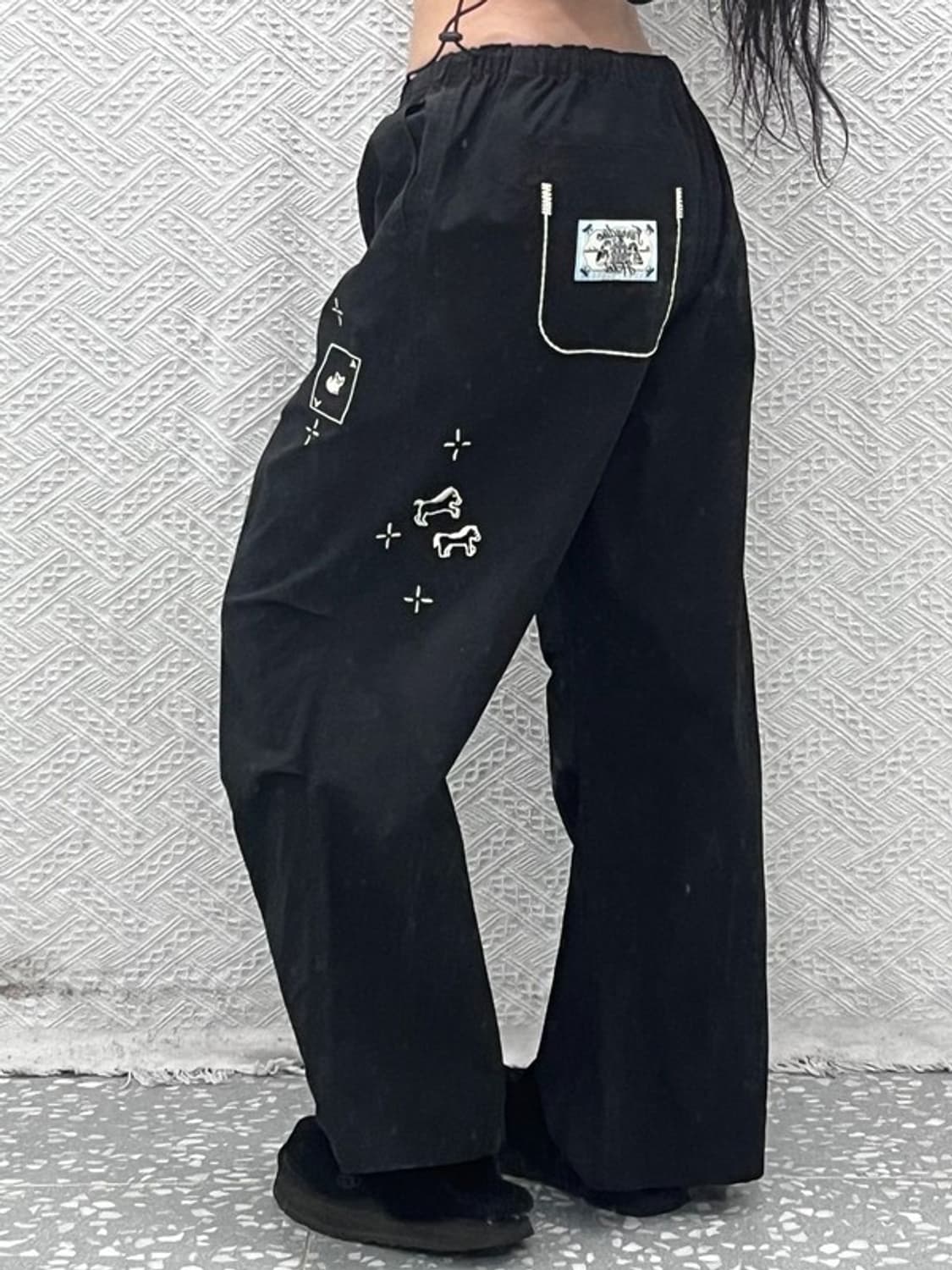 론론 드로잉 스트릿 펑크 키치 자수 파라슈트 팬츠 F C09485 상품이미지1