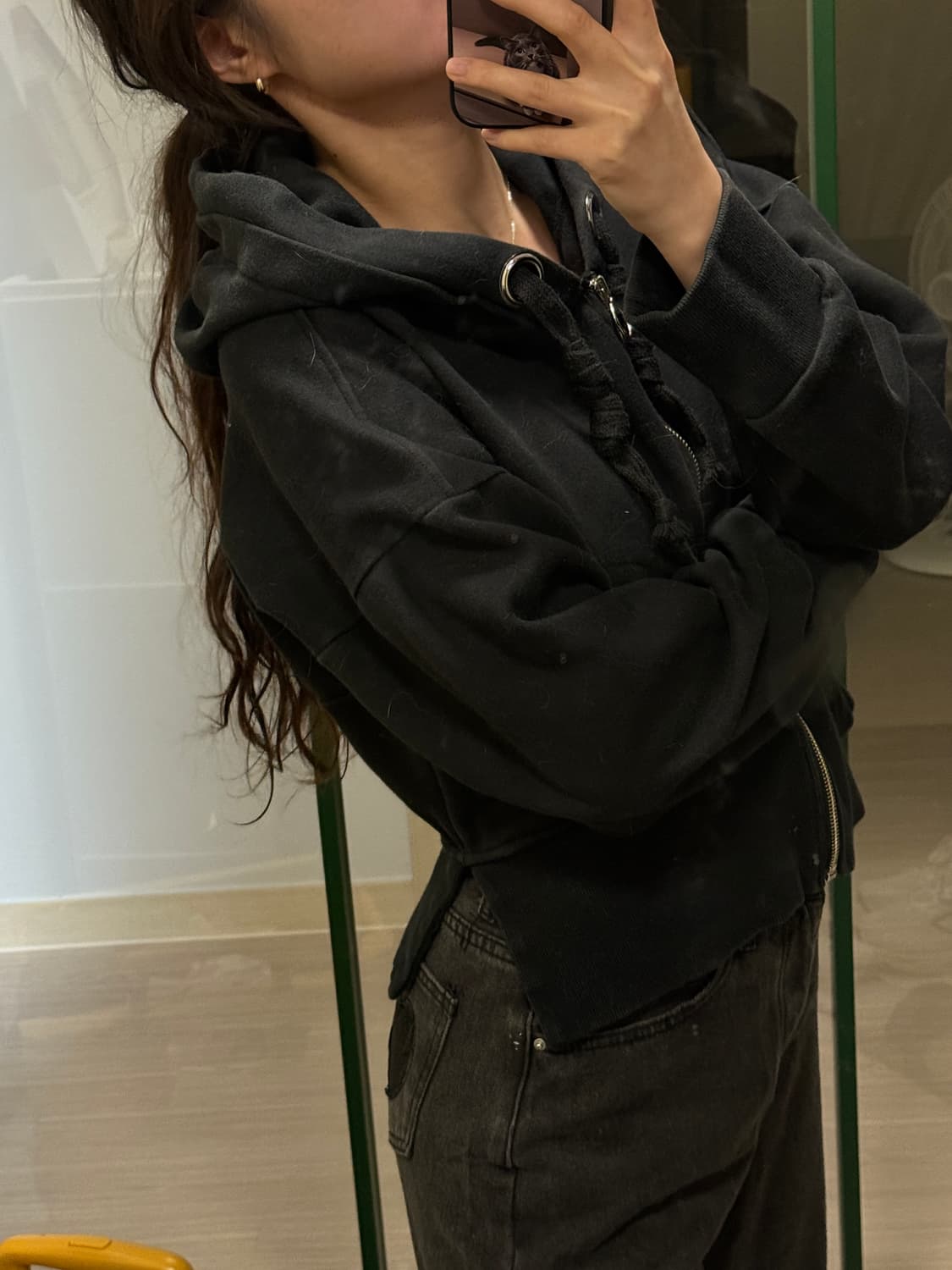 밑단 커팅 빈티지 블랙 후드집업 상품이미지2