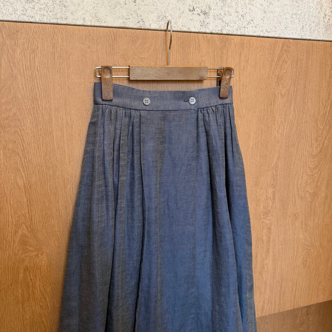 빈티지 코튼 롱 스커트 더블 버튼 턱 플리츠 디테일 네이비 상품이미지6