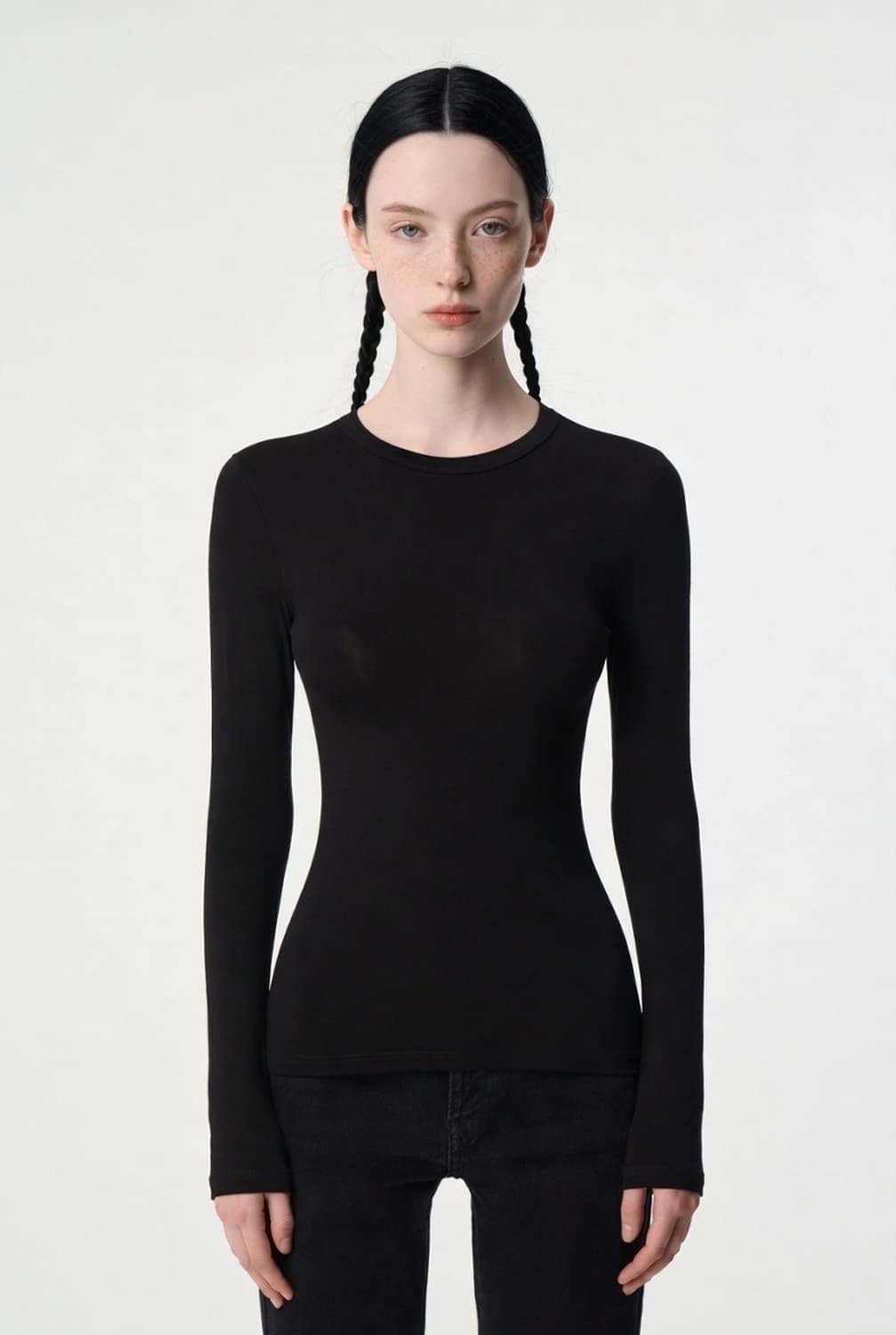롱 슬리브 슬림 탑(블랙/화이트) 상품이미지2