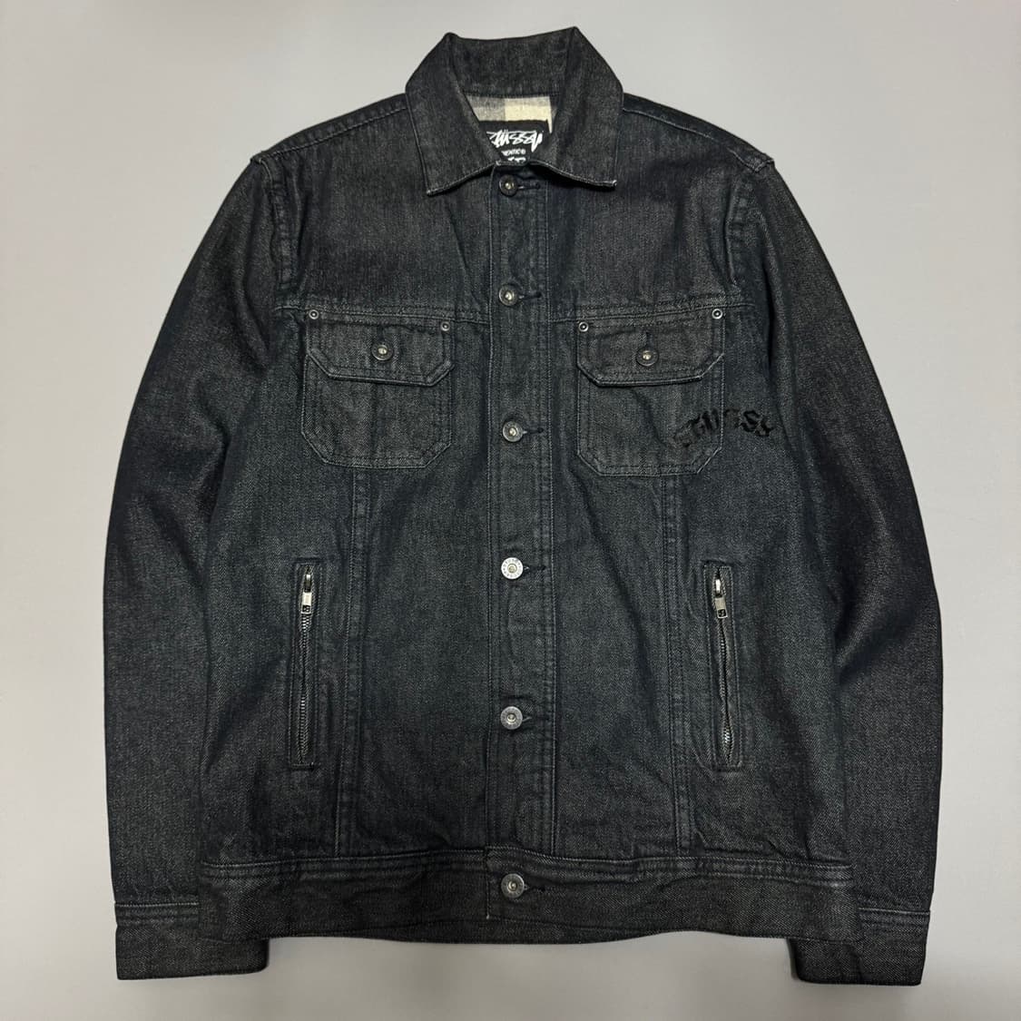 스투시 인디고블루 트라이브 자수 벨루어 아치 로고 데님 트러커 자켓 상품이미지8