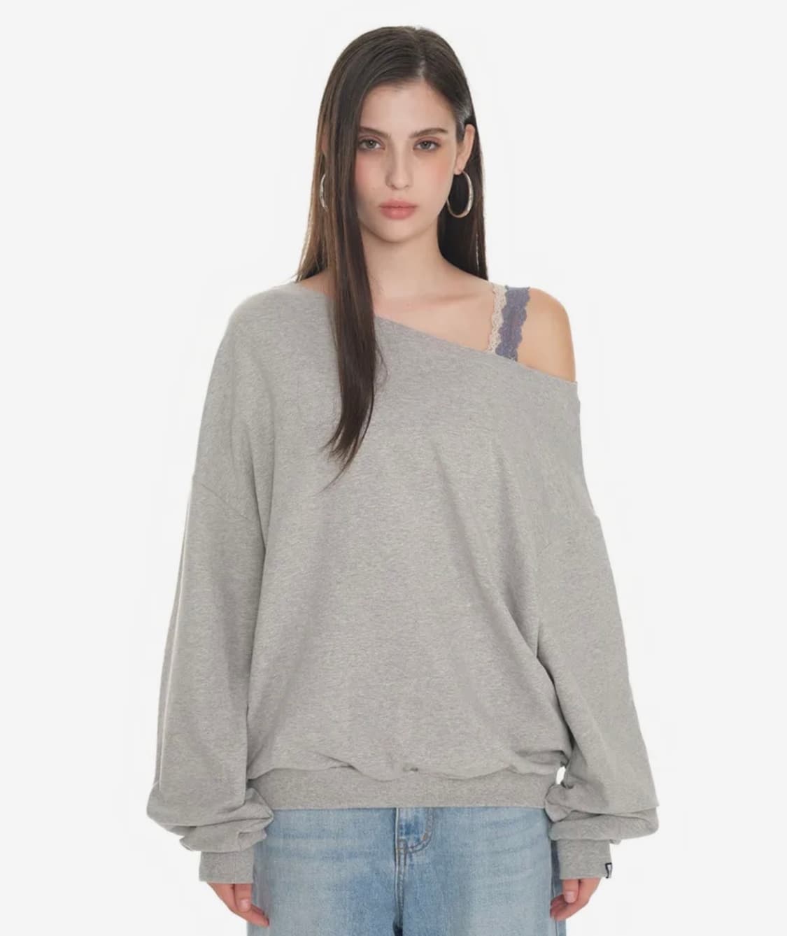 (택O) 투머치택스 asymmetric 원숄더 스웻셔츠 (그레이) 상품이미지1