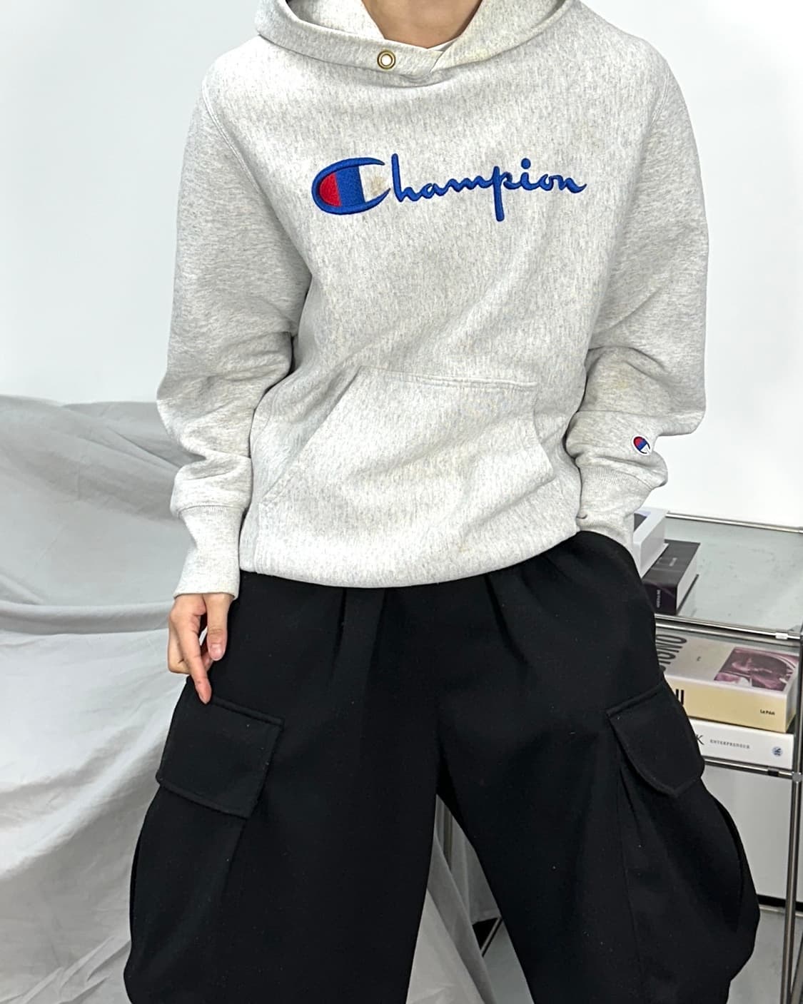 챔피온 라이트 그레이 빅로고 후드티 L 상품이미지2