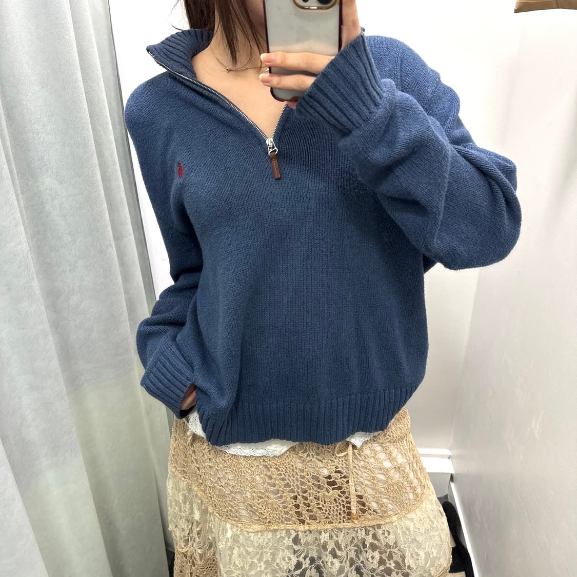 폴로 블루 코튼 반집업 니트 상품이미지1