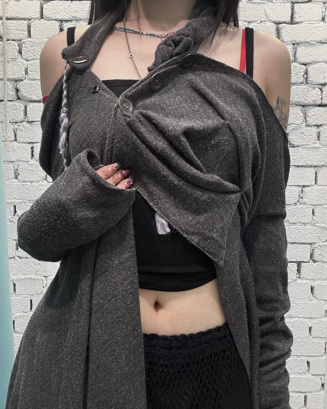 Asymmetric Draped Scarf Layered Knit Top 상품이미지3