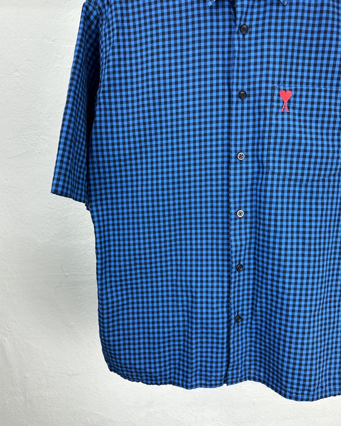 아미 블루 블랙 깅엄체크 로고 반팔 셔츠  상품이미지2