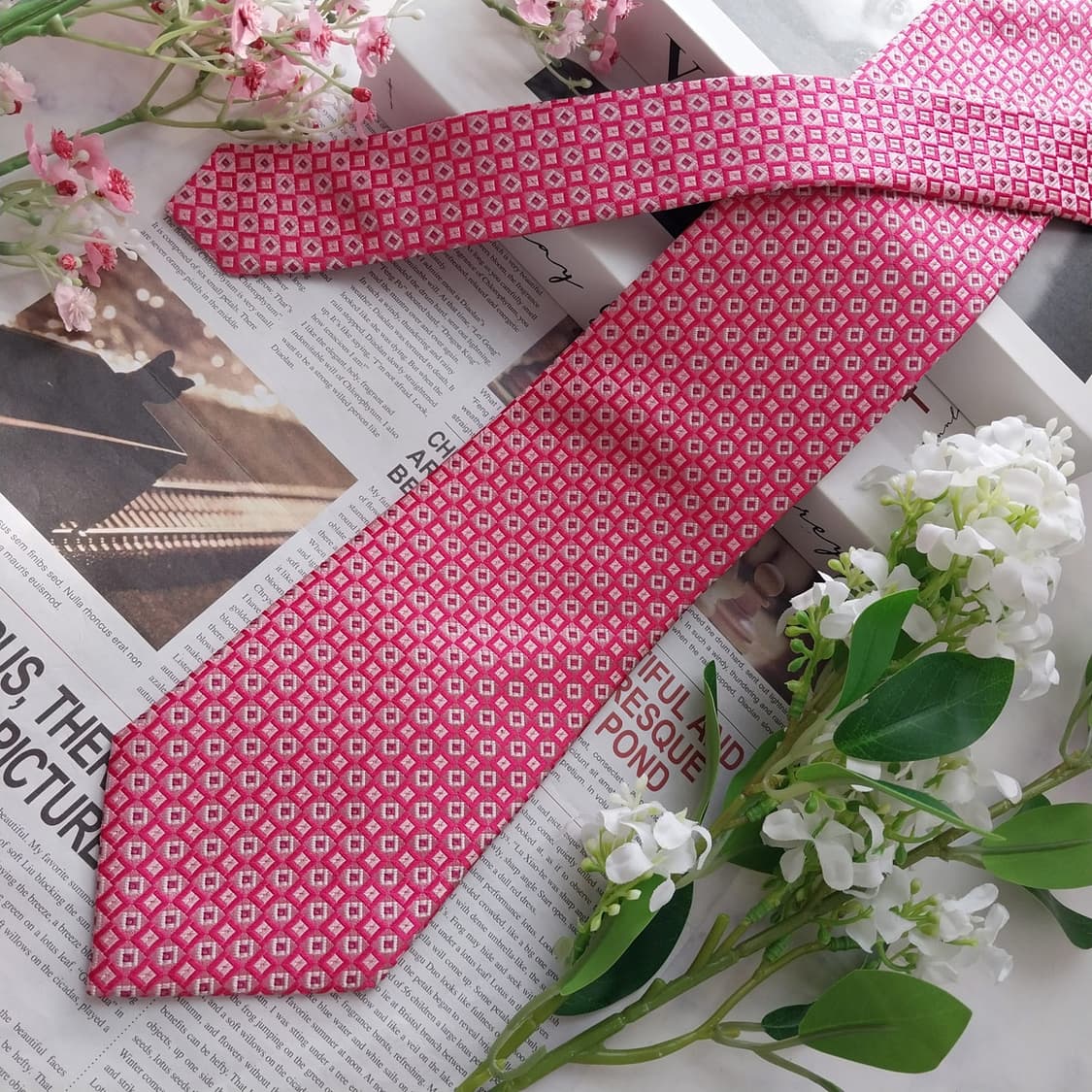 루이까또즈 실크 핑크 자카드 패턴 넥타이 9.1cm A+등급 K2343 상품이미지4