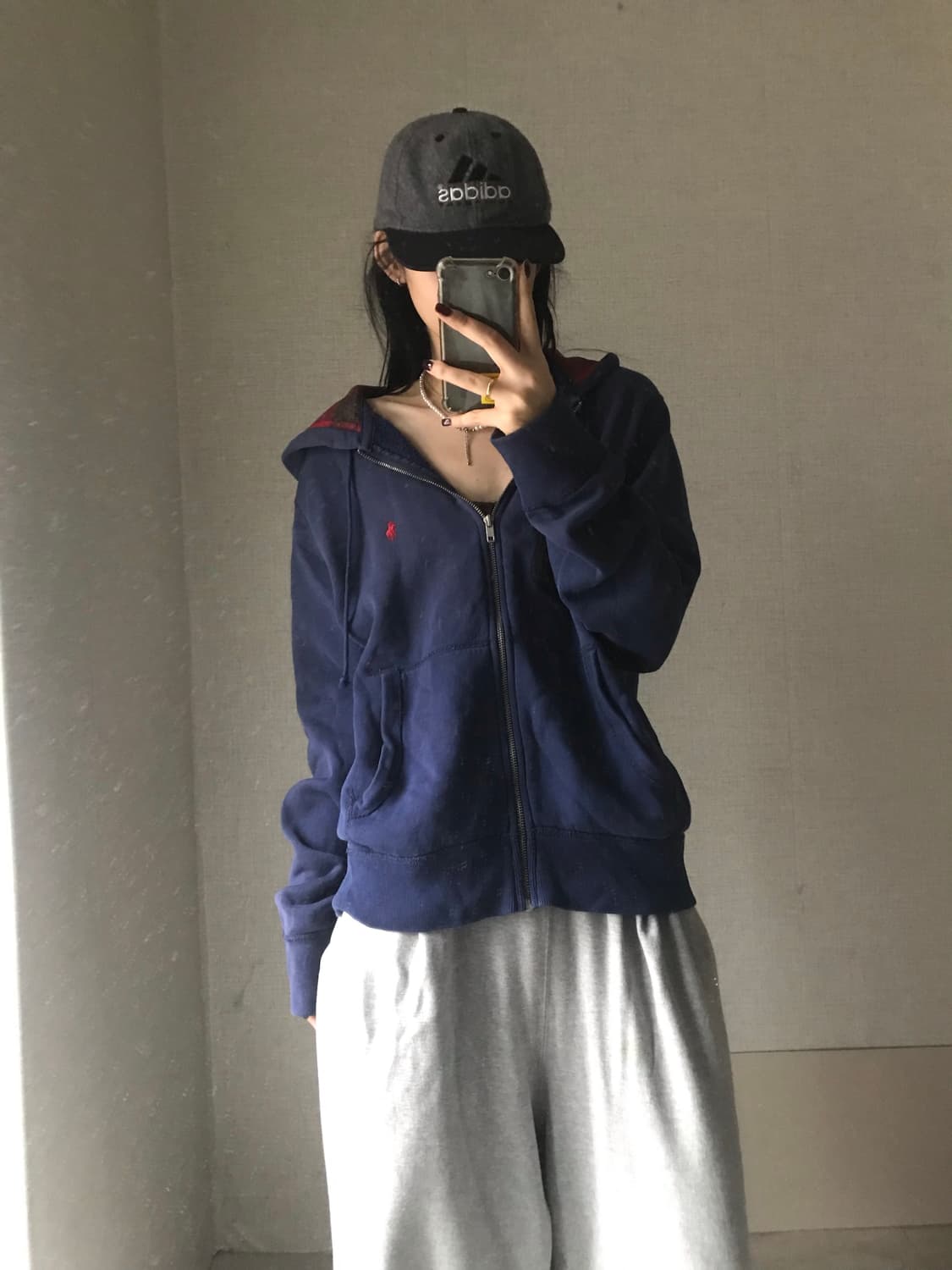 폴로 네이비 체크후드 후드집업 상품이미지1