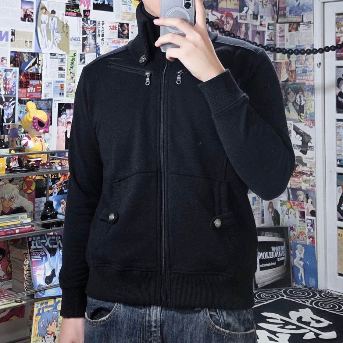 JPN 락시크 블랙 하이넥 버튼 기모 코튼 집업 상품이미지1